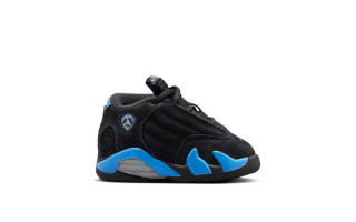 Toddler Air Jordan 14 "Black/University Blue" retro.