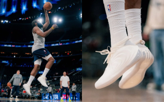 James Harden wearing a special edition adidas Harden Vol. 10 basketball shoe by BSTN.