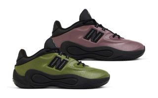 New Balance Basketball's P400 Low shoe in two colors that feature molded, scale-covered uppers.