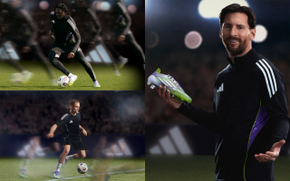 Lionel Messi, Florian Wirtz, and Rafael Leão promoting Adidas' "Radiant Blaze" F50 football boot pack.