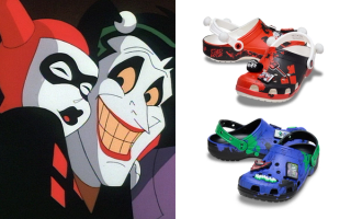 DC Comics' Harley Quinn & The Joker alongside their upcoming Crocs Classic Clogs.
