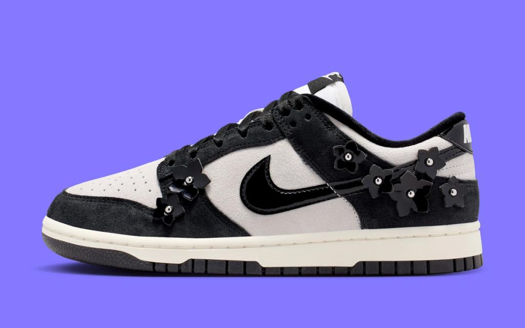Nike Dunk Low Black Patent Flowers featuring patent leather upper with floral design details