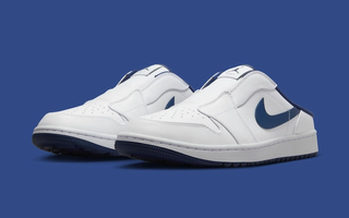 Air Jordan 1 Mule Golf shoe in a "White/Midnight Navy" color scheme.