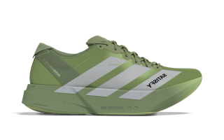 SATISFY® x adidas Adizero Adios Pro 4 running shoe collaboration in a "Tent Green/Metallic Silver" color scheme.