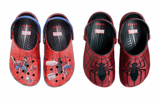 Two different Crocs Classic Clog styles inspired by Marvel's Spider-Man.