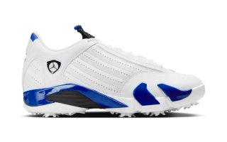 Air Jordan 14 Golf shoe in a "White/Hyper Royal/Black" color scheme.