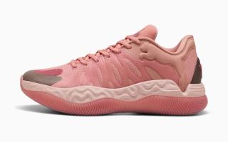 PUMA Hali 1 "Hibiscus" basketball shoe in a "Poppy Pink/Rose Dust" color scheme.