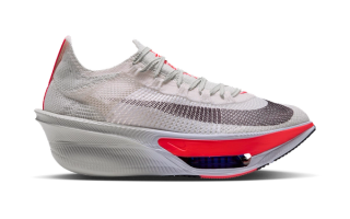 Women's Nike Alphafly 4 "Sea Glass/Laser Crimson" marathon racing shoe.