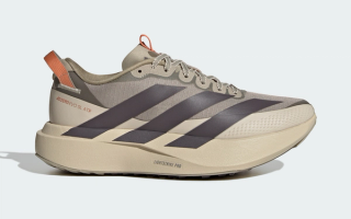 Women's Adidas Adizero Evo SL ATR running shoe in a "Wonder Cargo/Grey Strata" color scheme.