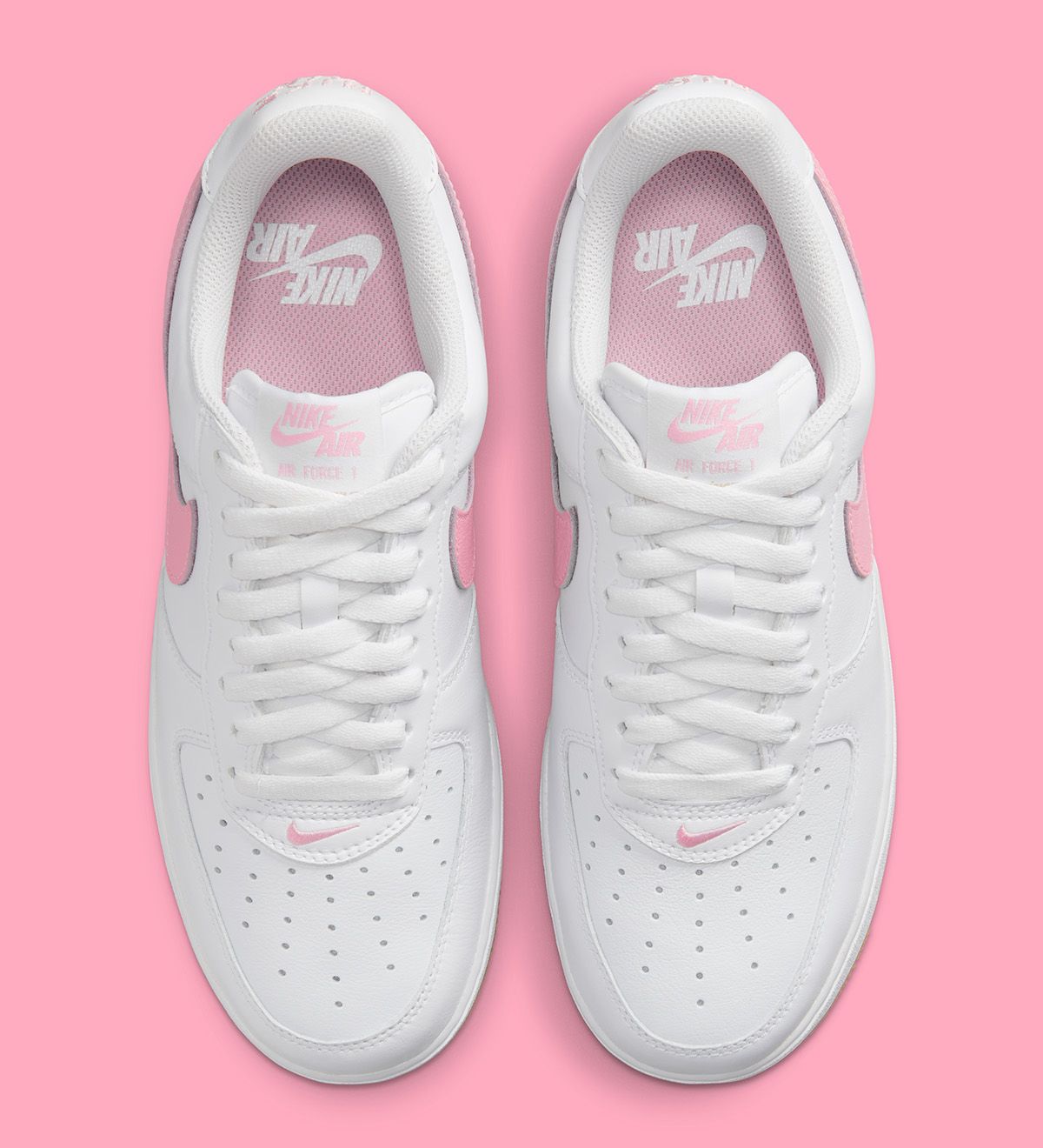 1 reimagined collection- Millennial pink Air Force ones with matching  ribbon laces. Not seen: …