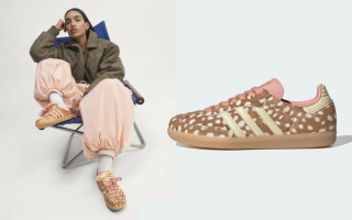 Women's adidas Samba OG "Deer Print" sneaker covered in a "Brown Desert/Warm Vanilla/Wonder Mauve" color scheme.