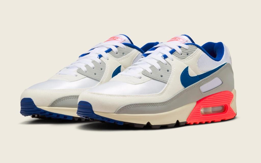 Nike Air Max 90 in Ultramarine colorway, celebrating the silhouette's 35th anniversary with classic design details including visible air unit and segmented midsole