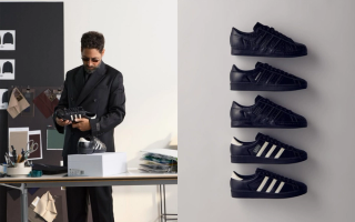 Ronnie Fieg in promotional material for the Kith x Adidas Superstar "Black Tie 2.0" Made in Germany collection.
