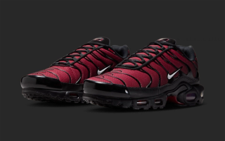 Nike Air Max Plus in a "Tough Red/Black/Mystic Dates/Grey Fog" color scheme that evokes images of Marvel's Deadpool character.