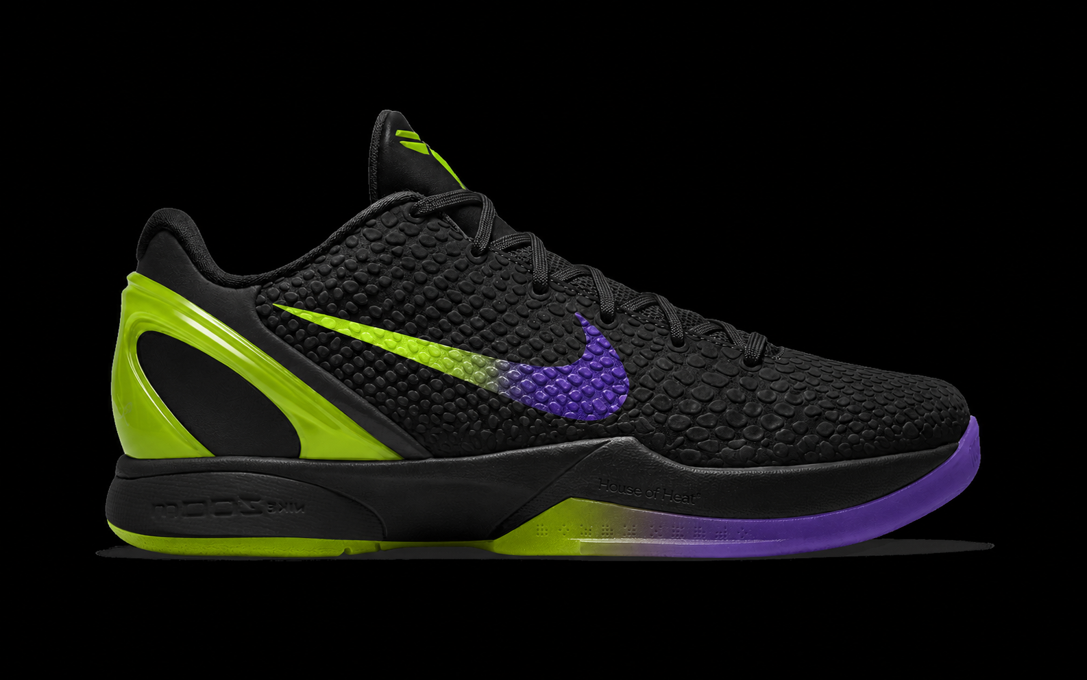 Speculative mock-up of the Nike Kobe 6 "Coals" Protro in a "Black/Venom Green/Purple Venom" color scheme.