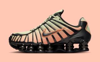 Nike Shox TL in an "Off Noir/Olive Aura/Orange Frost" color scheme.