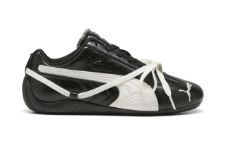PUMA Speedcat in black leather by ROSÉ branded with "rosie" text.