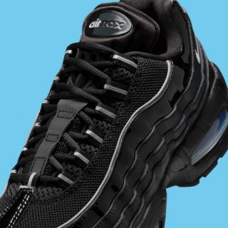 Close-up view of Nike's Air Max 95 Big Bubble sneaker in a "Black" patent leather makeover.