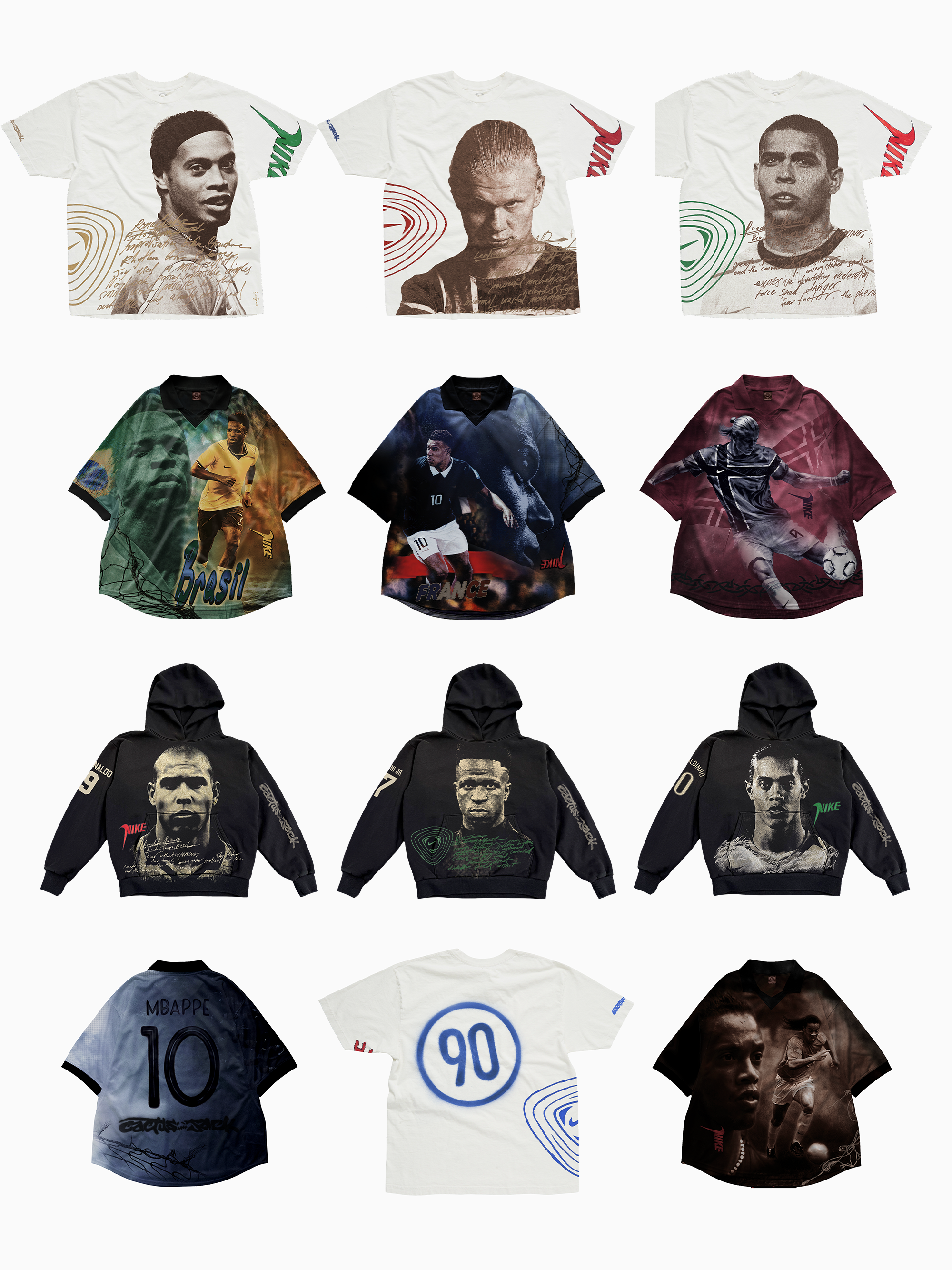 Twelve different apparel items from the Cactus Jack x Nike Football "Athlete Series" Collection, featuring graphics of Kylian Mbappé, Erling Haaland, Ronaldinho, Vini Jr., and Ronaldo.