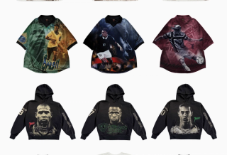 Twelve different apparel items from the Cactus Jack x Nike Football "Athlete Series" Collection, featuring graphics of Kylian Mbappé, Erling Haaland, Ronaldinho, Vini Jr., and Ronaldo.