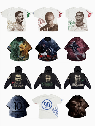 Twelve different apparel items from the Cactus Jack x Nike Football "Athlete Series" Collection, featuring graphics of Kylian Mbappé, Erling Haaland, Ronaldinho, Vini Jr., and Ronaldo.