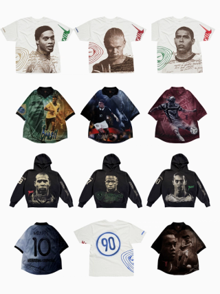 Twelve different apparel items from the Cactus Jack x Nike Football "Athlete Series" Collection, featuring graphics of Kylian Mbappé, Erling Haaland, Ronaldinho, Vini Jr., and Ronaldo.