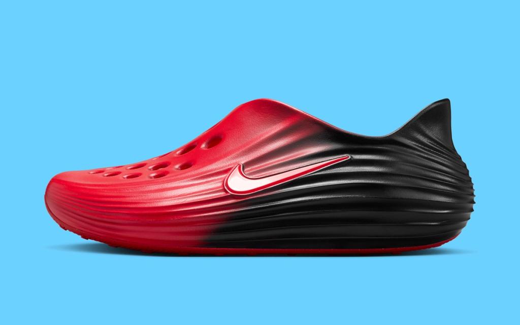 Nike ReactX Rejuven8 in Bred Gradient colorway, featuring red-to-black tonal fade across the upper and padded collar