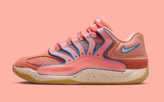 Lateral angle of Kevin Durant's Nike KD 18 in an "Atomic Pink" color scheme.