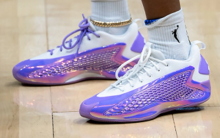 Erica Wheeler of the Seattle Storm wears purple-and-white Adidas Anthony Edwards 1 PE.