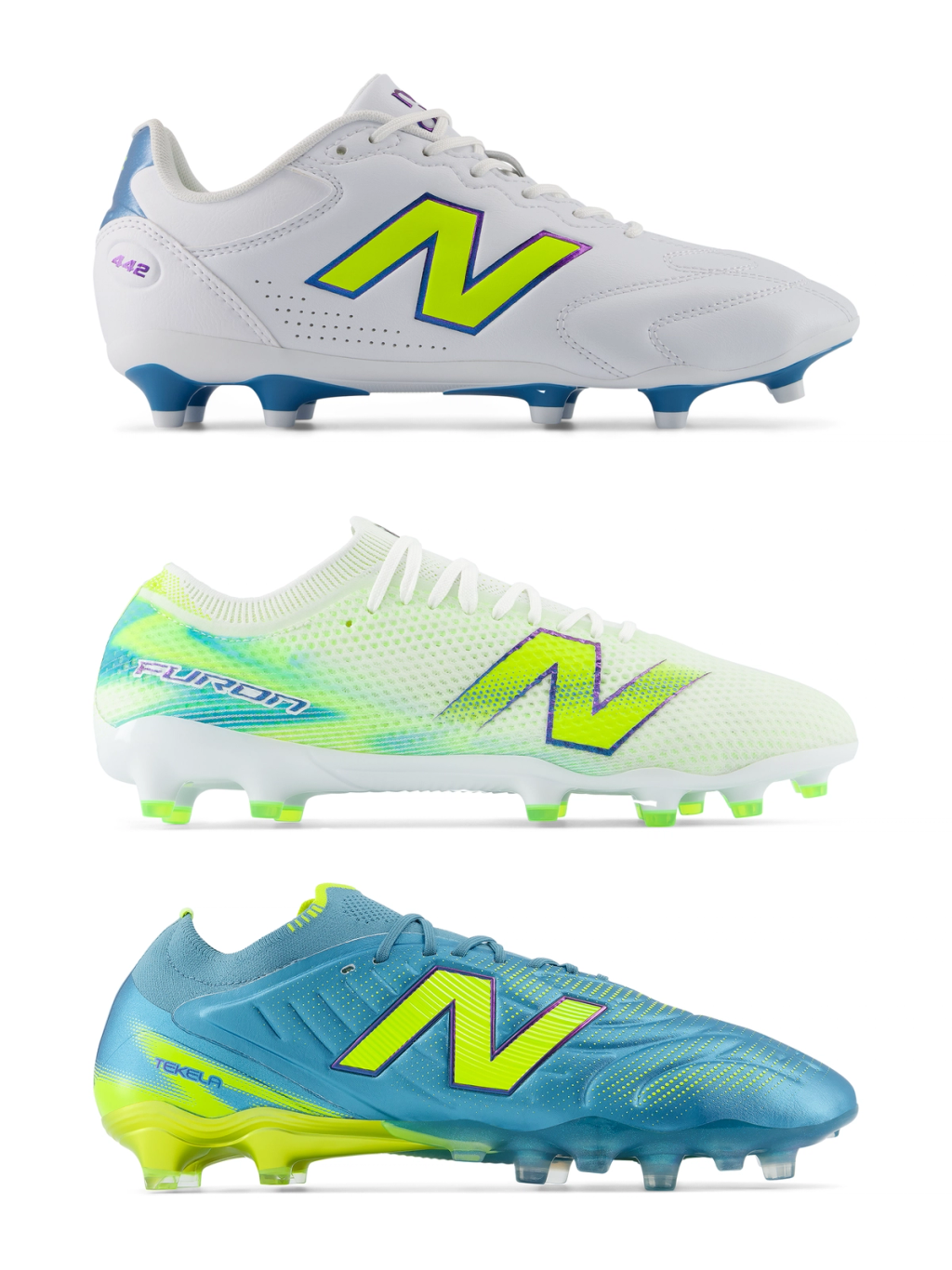 New Balance Furon v9 in Neon Tide colorway, worn by soccer athletes Endrick and Timothy Weah