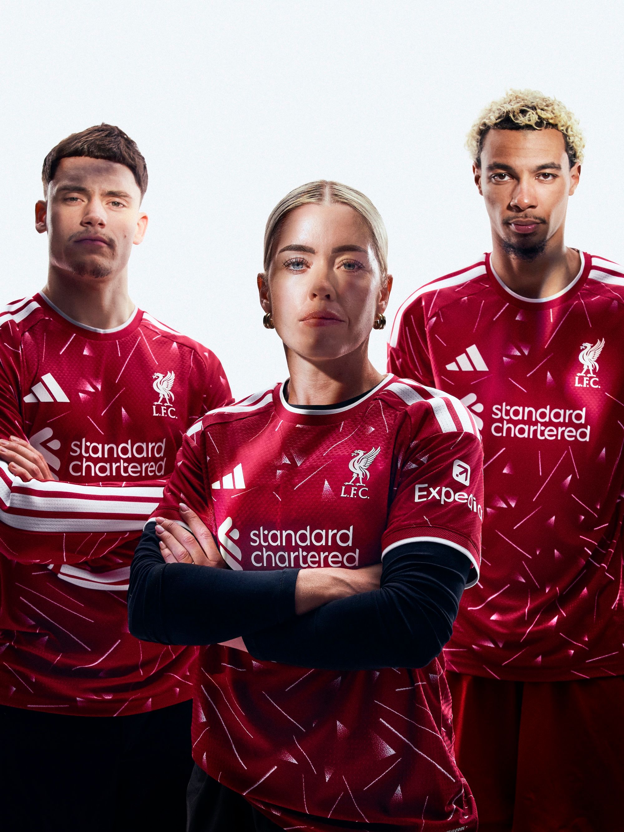 Liverpool's 26/27 adidas Home Jersey, in short-sleeve and long-sleeve forms, worn by Florian Wirtz, Denise O'Sullivan & Hugo Ekitike.