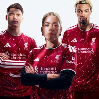 Liverpool's 26/27 adidas Home Jersey, in short-sleeve and long-sleeve forms, worn by Florian Wirtz, Denise O'Sullivan & Hugo Ekitike.