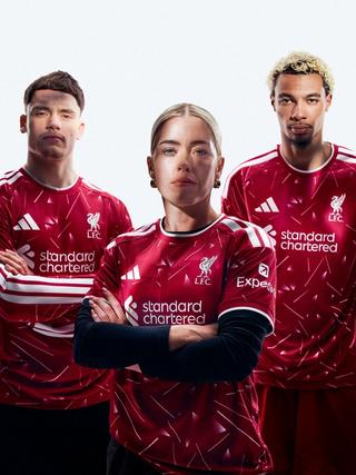 Florian Wirtz, Denise O'Sullivan & Hugo Ekitike for Liverpool 26/27 Home kit. Photo via adidas.