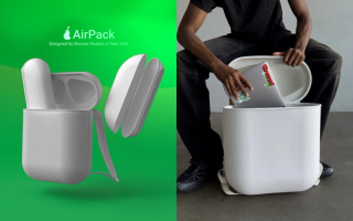 Retro-style ad for the AirPack by Bravest Studios alongside a real life demonstration of its storage space.