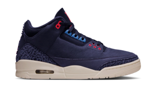 Women's Air Jordan 3 "Sports Renaissance" retro clad in a "Obsidian/Track Red/Blue Beyond/Chalk" color scheme.