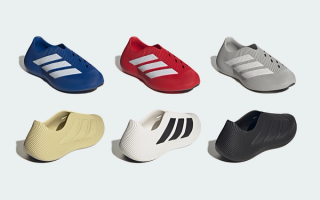Adidas Purechill recovery slip-on in six different colorways: "Royal Blue," "Better Scarlet," "Grey/White," "Gold Beige," "White/Black," and "Black/Carbon."