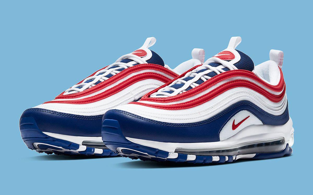 Nike air max 97 white blue and red best sale