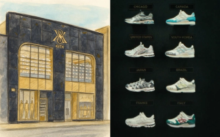 From left: Sketch of Kith Chicago Flagship storefront, eight-pair ASICS World's Fair Collection.