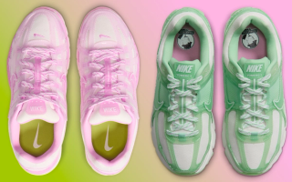 Top-Down View: Women's Nike Vomero 5 "Barely Green" & P-6000 "Pink Foam" sneakers. Photos via Nike.