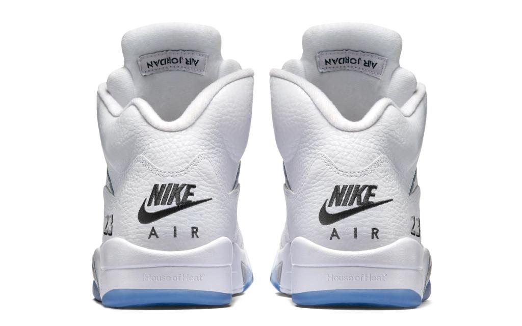 Air Jordan 5 White Metallic with Nike Air branding on heel, releasing April 25, 2025