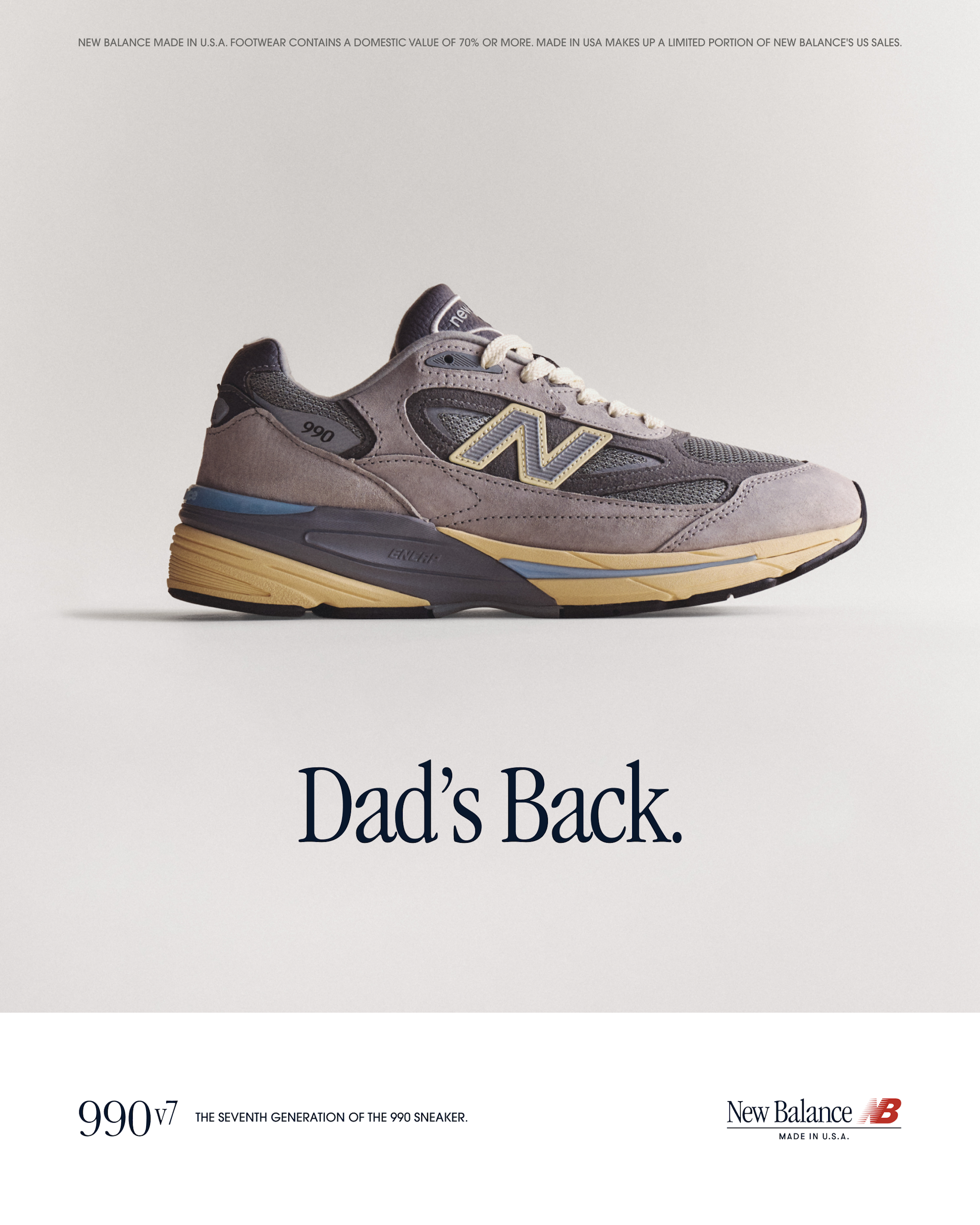New Balance 990v7 in its debut "Kool Gray/Calcium/Light Arctic Grey" color scheme.