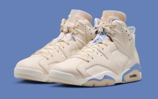 Air Jordan 6 “Sashiko" retro in a cream and light blue color scheme, with details inspired by Japanese customs.
