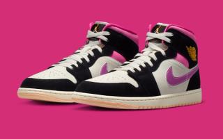 Men's Air Jordan 1 Mid retro sneaker featuring an off white base, black fabric overlays, and pink accents.