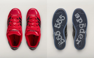 Young Thug's SP5DER x adidas Superstar collaborations in red and black colorways.