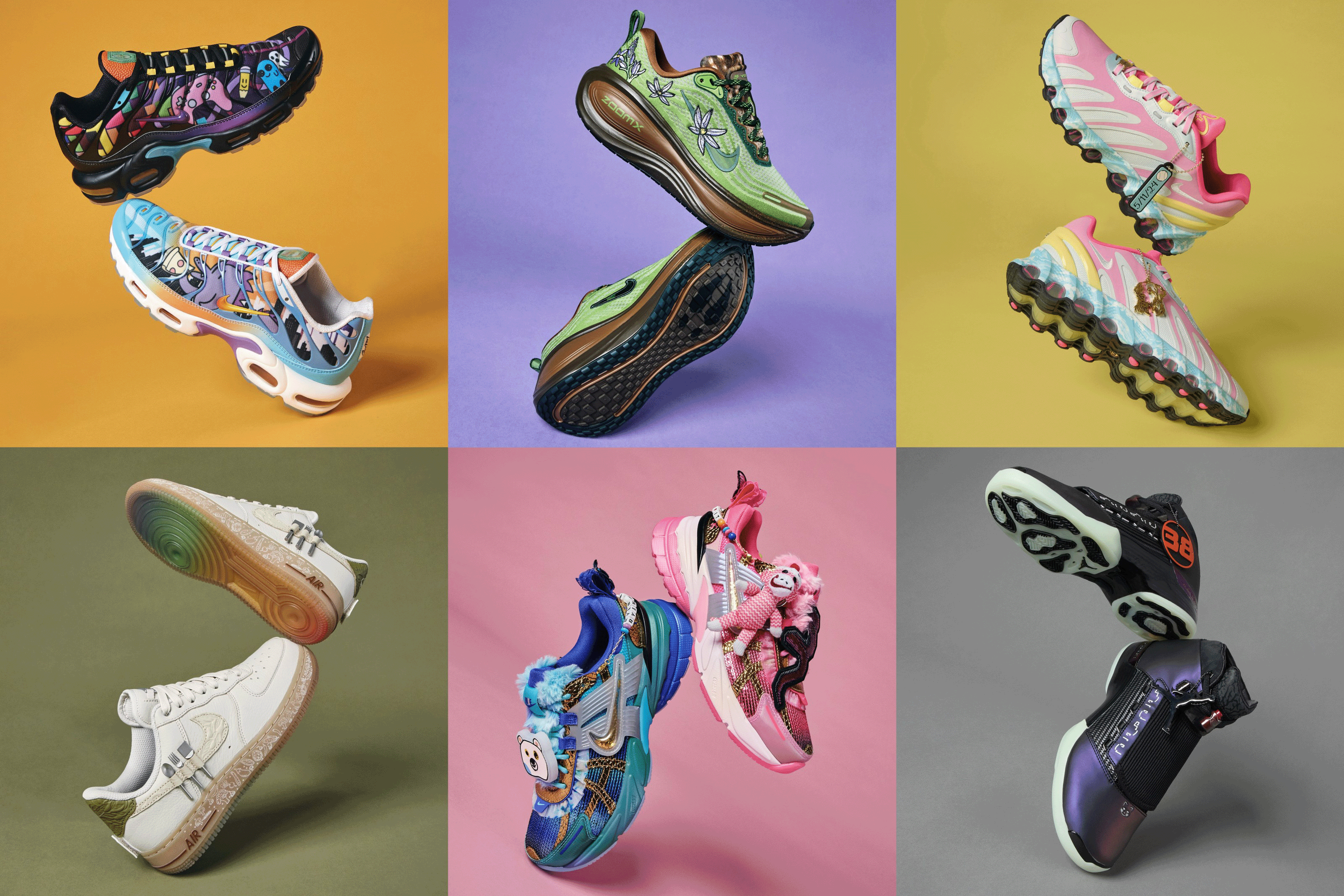 Six-pair Nike Doernbecher Freestyle 2025 Collection and its patient-designers.