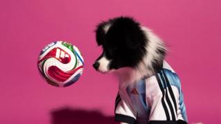 Dog wearing the Argentina 2026 World Cup™ Home Jersey by adidas.