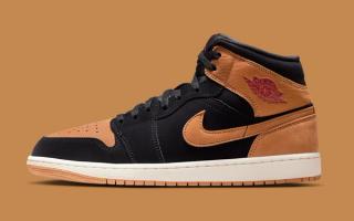 Air Jordan 1 Mid in a "Black/Flax" color scheme.