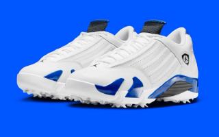 Air Jordan 14 Golf shoe in a "White/Hyper Royal/Black" color scheme.