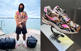 Westside Gunn wearing his upcoming Saucony Grid Jazz 9 "Awesome Gods" collaboration. Right photo in Paris by @beachykj on Instagram Stories.