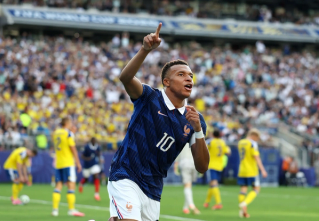 Kylian Mbappé after scoring in France vs. Sweden 2026 World Cup™ match (June 30, 2026).